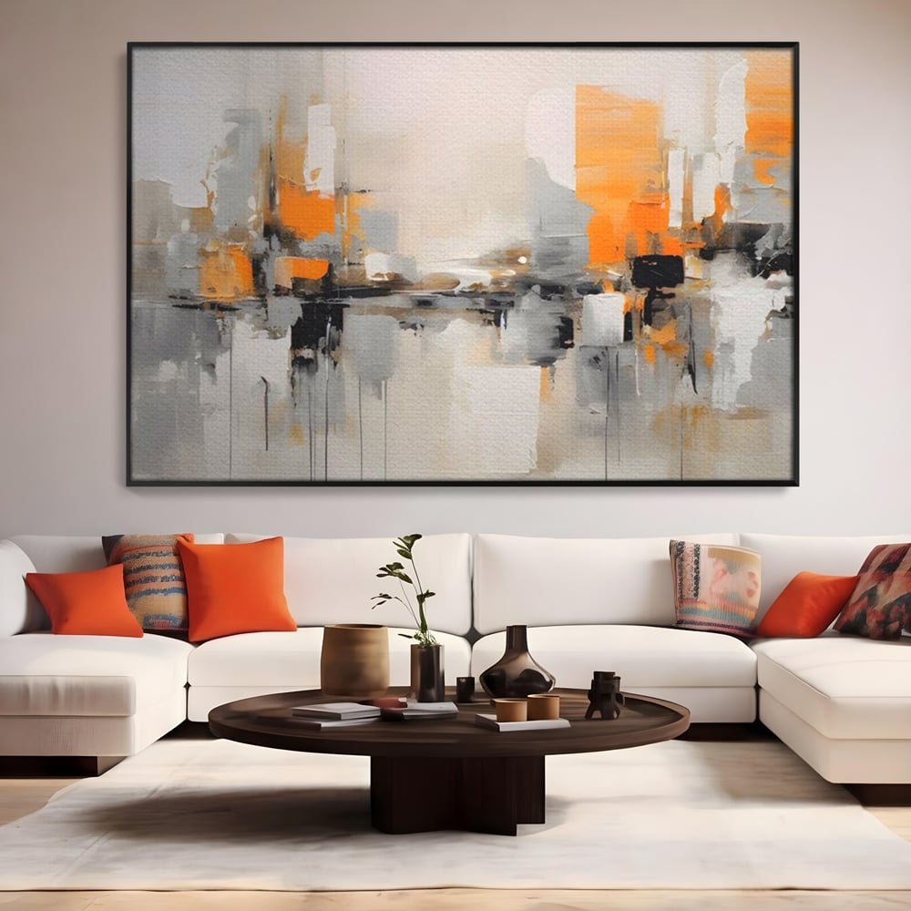 Tablou canvas cu pictura abstracta cu reflexii urbane, in rama de aluminiu negru, pe perete intr-un living